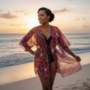 CAbi Sheer Boho Paisley Tying Cover‑Up w/Wooden Beads – Size Small